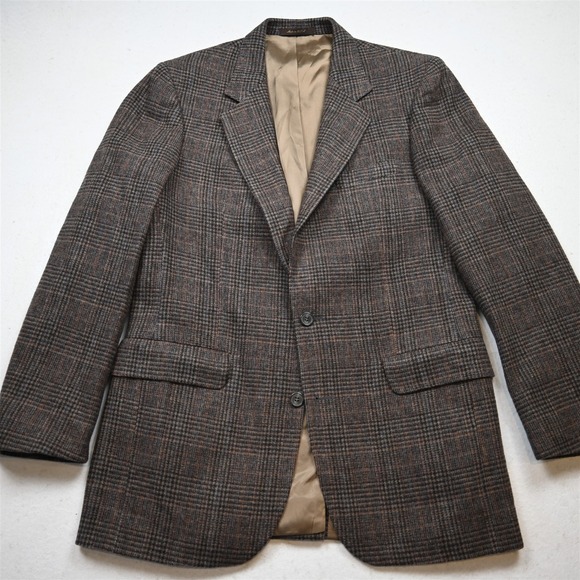 Vtg USA Made 40L Brown Heavyweight Flannel Glenn Check Blazer Jacket Sport Coat